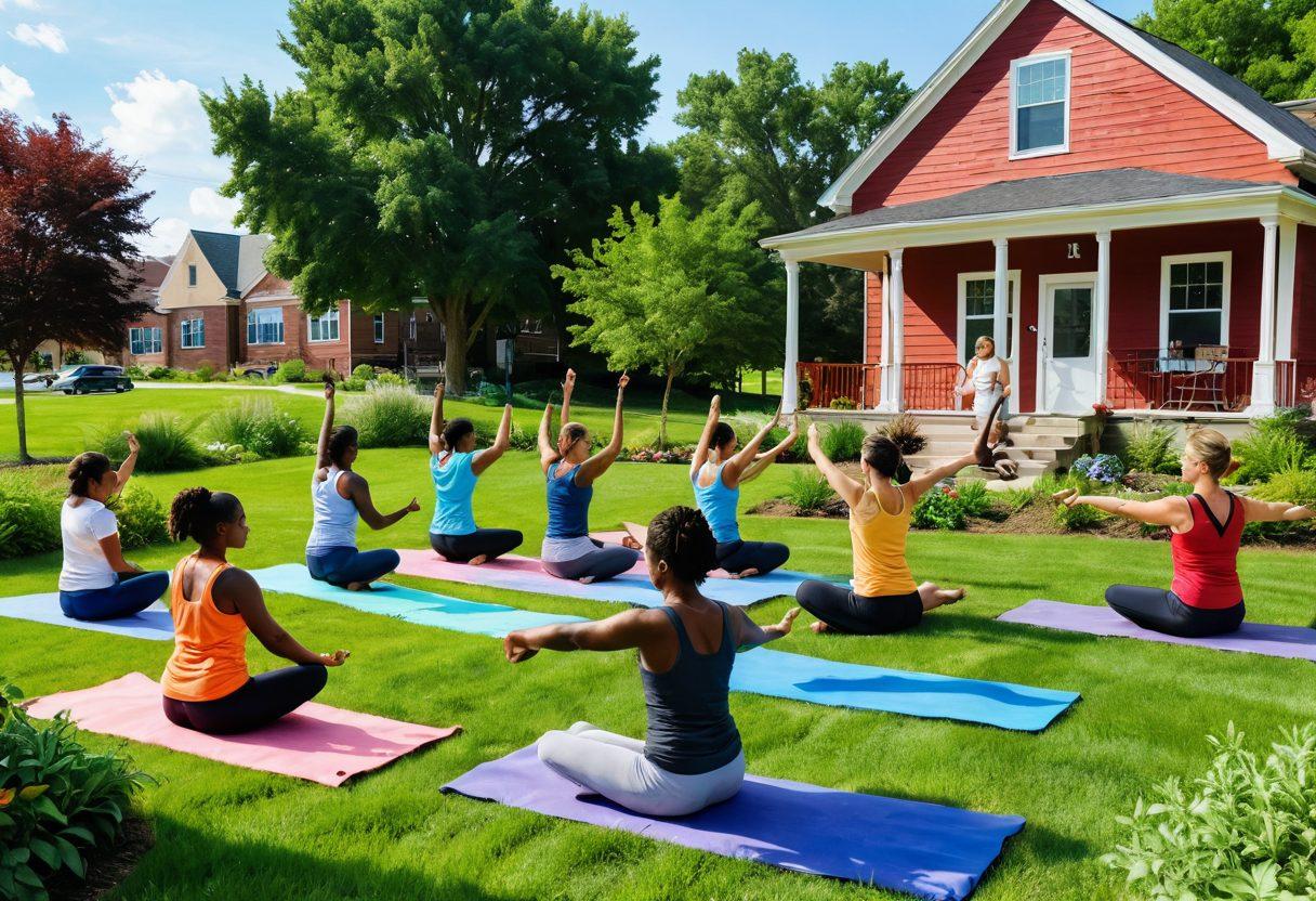 A serene landscape of Missouri featuring a diverse group of individuals engaging in various health activities like yoga, community gardening, and group therapy, showcasing inclusivity and wellness. Incorporate elements symbolizing health services such as a community health center in the background and vibrant nature surrounding them. The scene is warm and inviting, representing togetherness and support. vibrant colors. super-realistic.