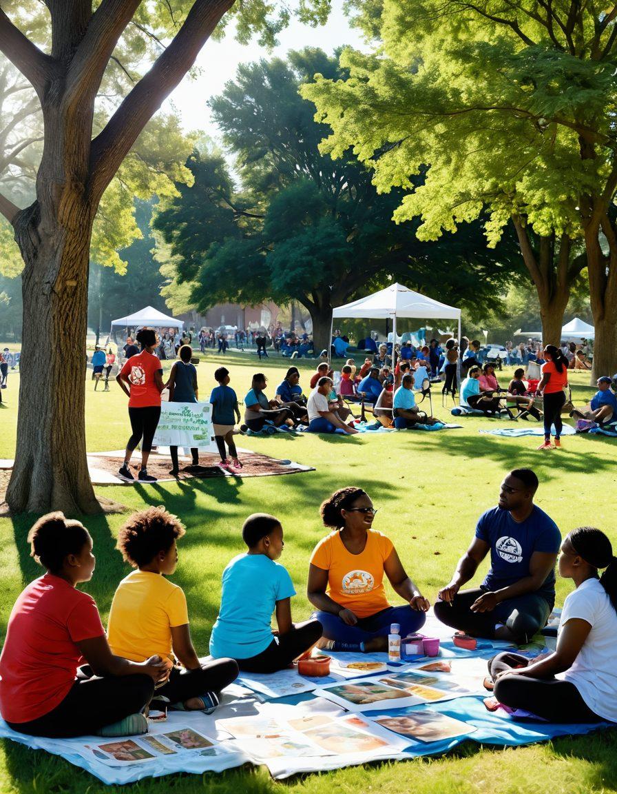 A vibrant community gathering in a Missouri park, showcasing diverse individuals accessing health resources, including nutrition workshops, fitness classes, and mental health support. Sunlight filtering through trees, children playing, and informative posters scattered around. Highlight a sense of unity and empowerment among participants. super-realistic. vibrant colors. 3D.